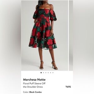 Marchesa Black and Red Floral A-Line dress